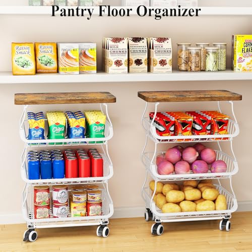 SAYZH 4-Tier Fruit and Vegetable Basket Stand for Kitchen, Wood Top, White - color: White, size: 4 Tiers