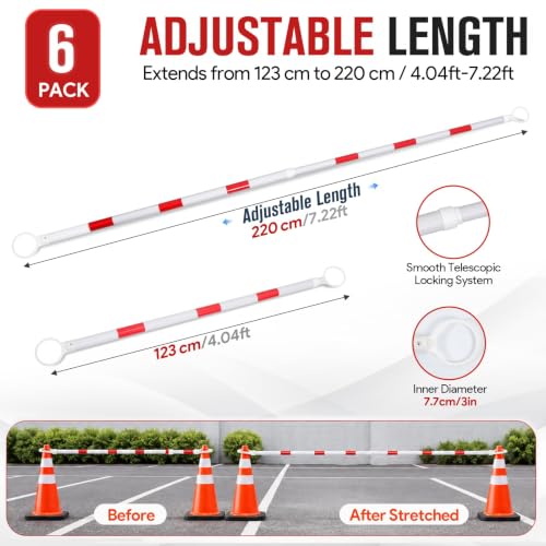 6 Pack Retractable Traffic Cone Bars, 4.04-7.22 ft, Cones Not Included