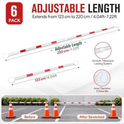 6 Pack Retractable Traffic Cone Bars, 4.04-7.22 ft, Cones Not Included