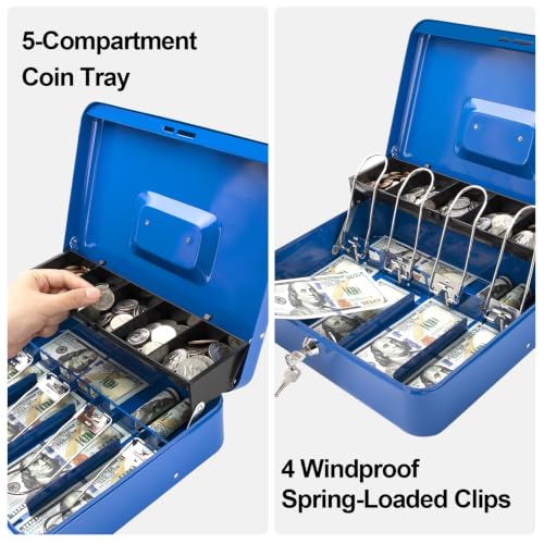 Jssmst Metal Cash Box with Money Tray and Lock, Portable Cash Drawer, 11.8" - color: Blue Key