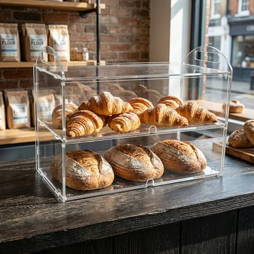 Cupcake Display Case with Handle – 19x 9.5x 11.8″ Commercial Bakery Showcase –Large bread box Transparent Acrylic Food Display for Desserts, Donuts, Cakes, Pastries – Easy to Clean & Assemble - size: 2 Tiers