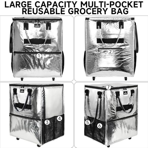 Reusable Grocery Bag On Wheels, 70L Foldable Rolling Tote with 6 Pockets - color: Silver, size: Medium
