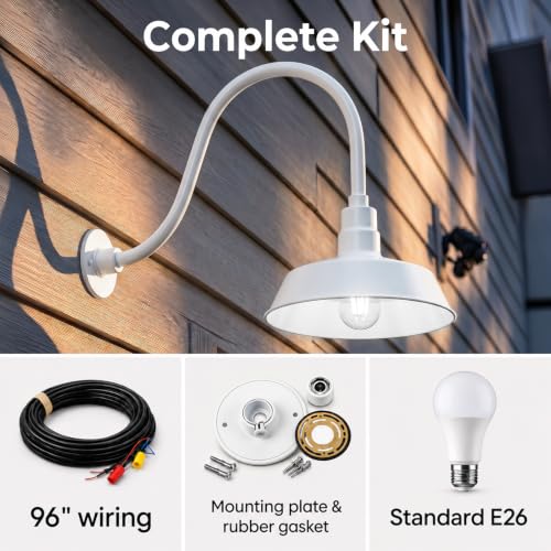 14in. White Outdoor Gooseneck Barn Light Fixture, 5000K Cool White - color: White (2-Pack), size: 24 in Gooseneck Arm