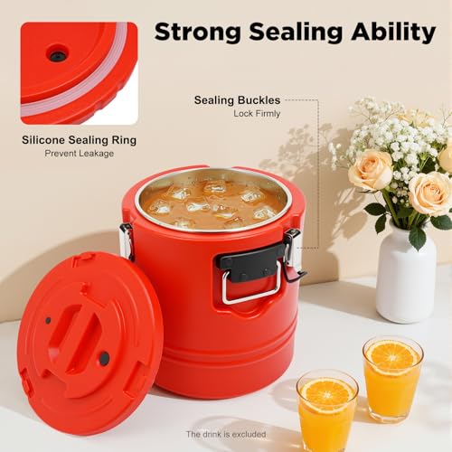 15L/3.96 Gal Insulated Soup Carrier, Stainless Steel Insulated Soup Container Bucket Hot & Cold Thermal Bucket with Lid Commercial Food Warmer for Parties Picnics Cafes Restaurants - color: Red, size: 15L/3.96 Gal