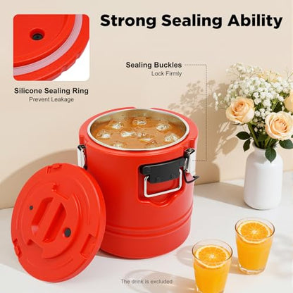 15L/3.96 Gal Insulated Soup Carrier, Stainless Steel Insulated Soup Container Bucket Hot & Cold Thermal Bucket with Lid Commercial Food Warmer for Parties Picnics Cafes Restaurants - color: Red, size: 15L/3.96 Gal