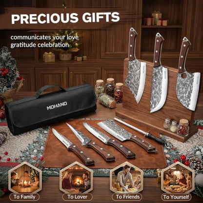 MDHAND Butcher Knife Set, Hand Forged Butcher Chef Knife Set with Roll Bag - size: 14PCS Auspicious Cloud Butcher Knife Set