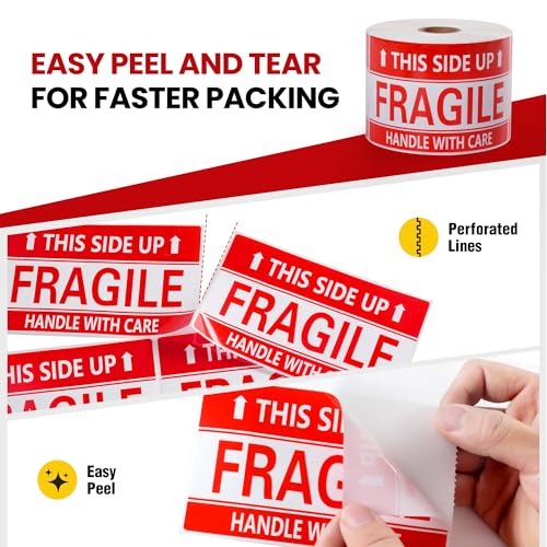 3 × 5 Inch Fragile Stickers Waterproof This Side Up Stickers Strong Adhesive Fragile Labels for Shipping Moving (500 PCS, 1 Roll) - size: 3" × 5", style: 1 Roll-500 PCS This Side Up