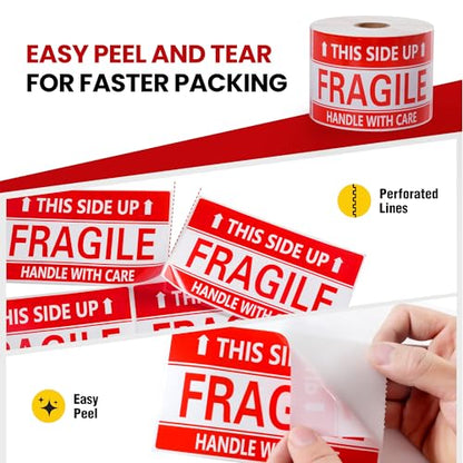 3 × 5 Inch Fragile Stickers Waterproof This Side Up Stickers Strong Adhesive Fragile Labels for Shipping Moving (500 PCS, 1 Roll) - size: 3" × 5", style: 1 Roll-500 PCS This Side Up