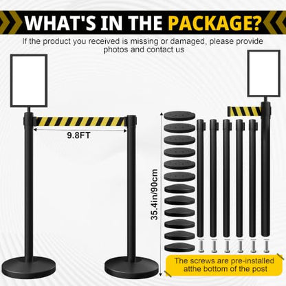 6-Pack Black Stainless Steel Crowd Control Stanchions, 9.8 ft Retractable Black and Yellow Stripe Safety Belts with 1 Sign Holder(Black and Yellow Stripe Belt) - color: Black stanchions w Black and Yellow Stripe Belt, size: 6 pcs
