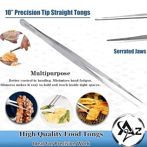 Professional Culinary Stainless Steel Precision Tongs with Serrated Tips, Plating/Food Presentation Detailing Serving Tongs, Chef's Kitchen Tweezer Tongs - Ultra Non-Slip Grip (10" STR Slim) - size: 10" Straight Slim