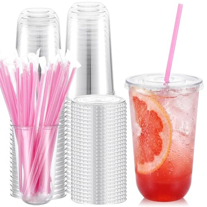 Ziliny 50 Pack 18 oz Plastic Cups with Lids Straws Iced Coffee, Pink - color: Pink, size: 18 oz