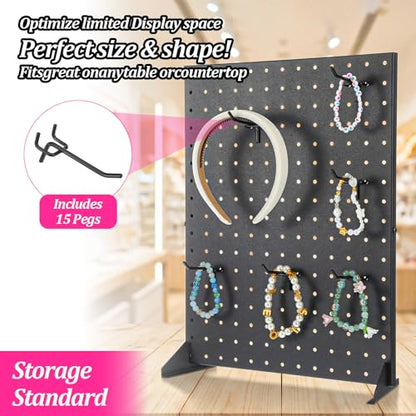 Metal Pegboard Display Stand with 15 Hooks 17x13 Inch Black Tabletop Retail Ornament Display Rack for Jewelry, Accessories, Keychains, Craft Shows, Vendors, Boutiques, and Events