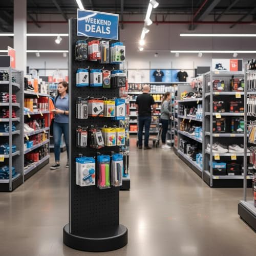 Azar Displays 700780 TWO-SIDED PEGBOARD FLOOR DISPLAY W/C-CHANNEL SIDES ON REVOLVING ROUND STUDIO BASE. PANEL SIZE: 16"W X 60"H, (Black Midnight) - color: Black Midnight