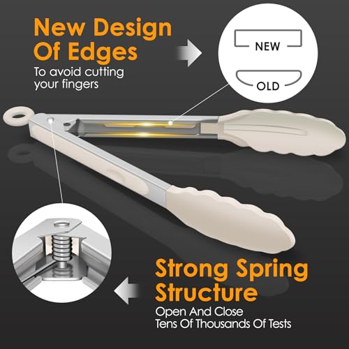 HOTEC Stainless Steel Kitchen Tongs with Silicone Tips, Set of 3-7",9" &12" - color: Khaki:12+9+7inch
