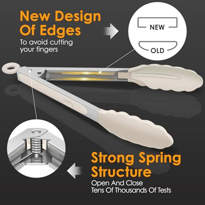 HOTEC Stainless Steel Kitchen Tongs with Silicone Tips, Set of 3-7",9" &12" - color: Khaki:12+9+7inch