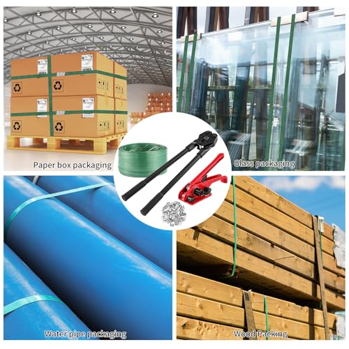 Banding Packaging Pallet Strapping Kit with Strapping Tensioner Tool,Banding Sealer Tool. 5/8″x 852′925lbs Break Strength Polyester Strapping with 100 Metal Seals for Pallets, Logistics, Warehouse - color: Green, size: S, style: Strapping Kit