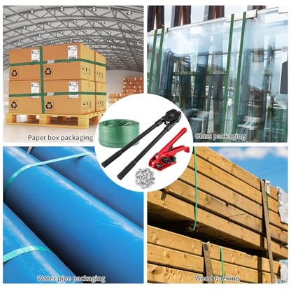 Banding Packaging Pallet Strapping Kit with Strapping Tensioner Tool,Banding Sealer Tool. 5/8″x 852′925lbs Break Strength Polyester Strapping with 100 Metal Seals for Pallets, Logistics, Warehouse - color: Green, size: S, style: Strapping Kit