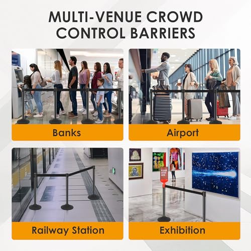 6 Pack Stanchions with Retractable Belts - Heavy Duty Crowd Control Barriers with Weighted Rubber Base, Retractable Belt Stanchions for Queue Line, Events, Public Safety(Black，6 Pack） - color: Black - 6 Pack, style: Round Base