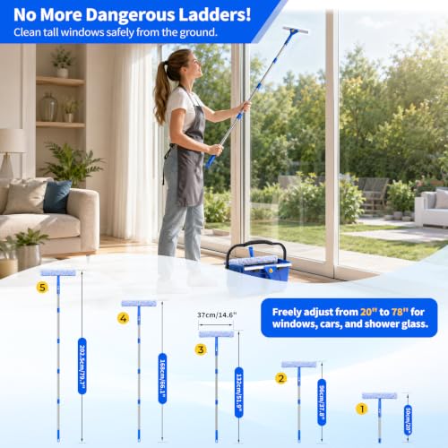 19-Piece Window Cleaning Kit with 3-Gallon Bucket, Professional Window Washing Kit with 78" Extension Pole, 14" Silicone Squeegee,15" Scrubber and Replacement Pads, for for Indoor and Outdoor Glass