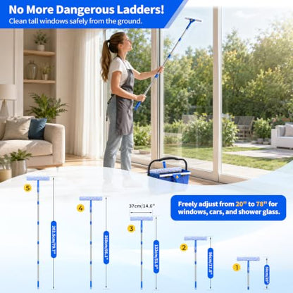19-Piece Window Cleaning Kit with 3-Gallon Bucket, Professional Window Washing Kit with 78" Extension Pole, 14" Silicone Squeegee,15" Scrubber and Replacement Pads, for for Indoor and Outdoor Glass