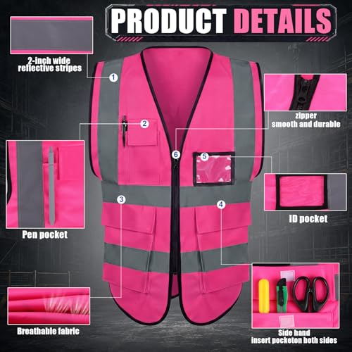 Leumoi 30 Pack Reflective Safety Vest with Pockets - color: Pink, size: Large