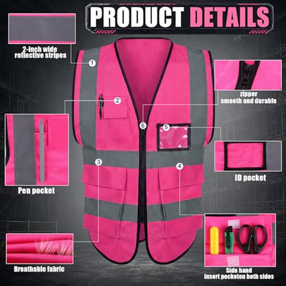 Leumoi 30 Pack Reflective Safety Vest with Pockets - color: Pink, size: X-Large