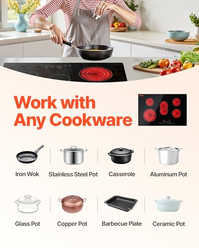 VEVOR Built in Electric Stove Top, 30 inch 5 Burners Ceramic Cooktop, 240V Glass Radiant Cooktop with Sensor Touch Control, Timer & Child Lock Included, 9 Power Levels for Simmer Steam Slow Cook Fry - size: 30 IN-5 Burner+Touch Control