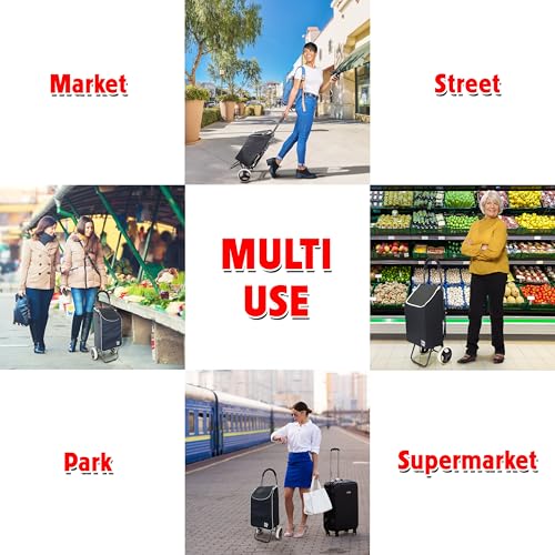 dbest Products Trolley Dolly Sport with Chair – Foldable Grocery Cart on Wheels – Multi Use Rolling Cart with Built-in Seat, Removable Bag, and Hand Truck Dolly Function, Black - size: Sport With Seat