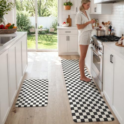 KIMODE Kitchen Mats Cushioned Anti Fatigue,Black and White Rugs for Kitchen - color: Black/White, size: 20" x 71"+20" x 32"--0.47 inches