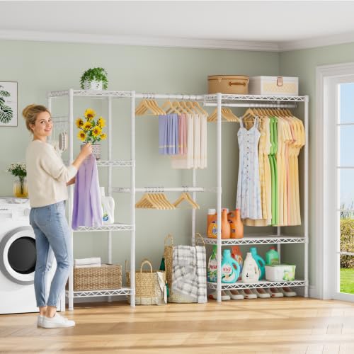 Golpart Heavy Duty Clothes Rack Metal Wardrobe with Adjustable Wire Shelves - color: White, size: 15.75"D x (70~88.5)"W x 76.5"H