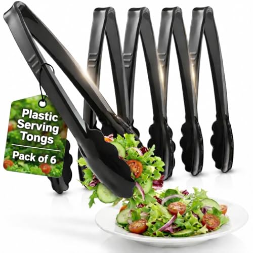 9-Inch Plastic Serving Tongs (6-Pack) Heavy-Duty Black Tongs - size: 6 Pack