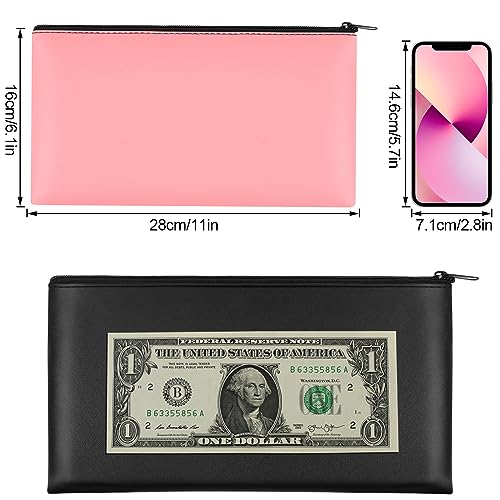 2 PCS Money Bag 11"x6.1", Safe Durable Waterproof Bags With Zipper for Cash, Coin Bank PU Leather Pouch, Bank Bags for Checks, Cosmetics, Bills, Receipts, Tool Storage - color: 1 Pieces Black & 1 Pieces Pink