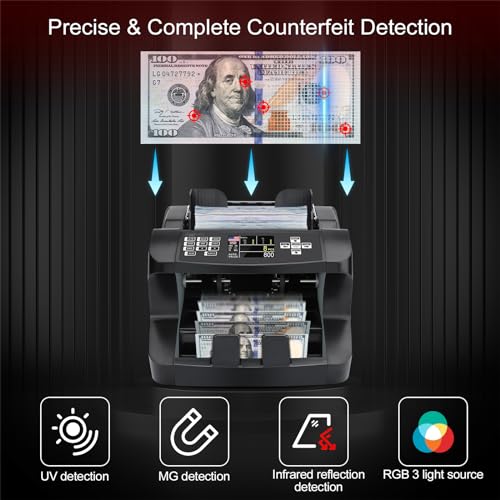 N10 Money Counter Machine Mixed Denomination, Bill Value Counting for US Dollar with UV/MG/IR Counterfeit Detection, Small Business Commercial use