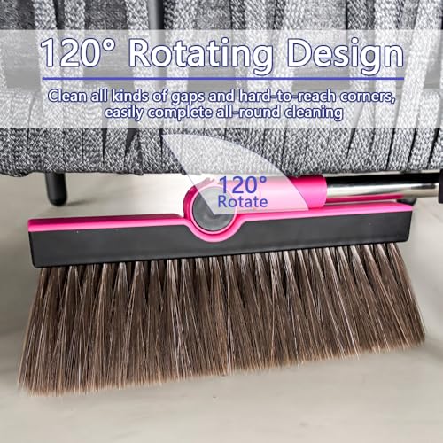 Triangular Indoor Broom and Dustpan Comb Set, 180° Rotating, Soft Bristle Long Handle Upright Sweeping Angled Broom with Self-Cleaning Teeth for Home, Kitchen, Office, Wood Floor (Black Pink) - color: Black Pink