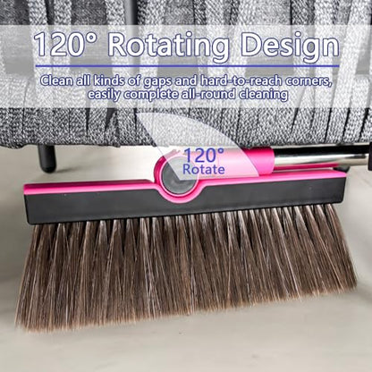 Triangular Indoor Broom and Dustpan Comb Set, 180° Rotating, Soft Bristle Long Handle Upright Sweeping Angled Broom with Self-Cleaning Teeth for Home, Kitchen, Office, Wood Floor (Black Pink) - color: Black Pink