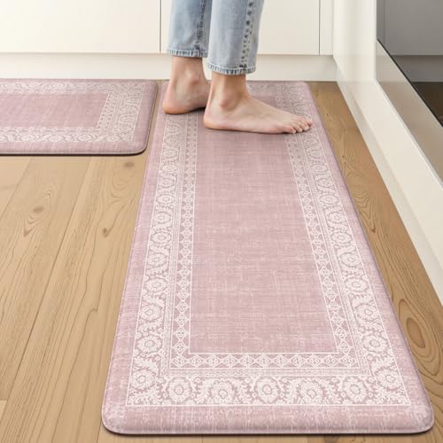 LEEVAN Anti Fatigue Kitchen Mats for Floor, Cushioned Kitchen Mat Set 2PCS - color: Pink-1, size: 17.3"x29"+17.3"x47"-0.47inch