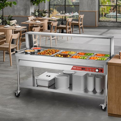 VEVOR Commercial Electric Food Warmer, 7 Pans + 2 Pots Steam Table, 1800W Professional Buffet Catering Food Warmer with Shield Undershelf Wheels, Stainless Steel Server for Party Restaurant - size: 7 Pans + 2 Pots