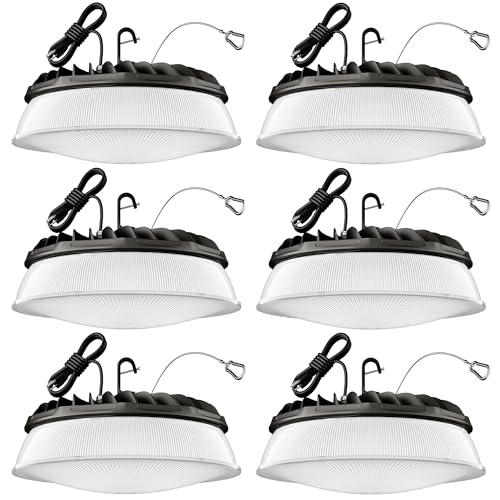 Elaruslux 200W 6 Pack UFO LED High Bay Light with Reflector 28,000lm 5000K LED High Bay Lights AC110-277V 5' Cable with Plug Waterproof UFO Lights for Garage Shop Gym Factory - size: 6 Pack