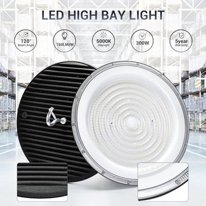 XYCN 300W UFO Led High Bay Light,120VAC,5000K Daylight Commercial Bay Lighting,IP66 Waterproof,45050LM,1300W MH/HPS with Plug Area Light for Warehouse/Shop/Workshop/Barn/Gym/Factory - size: 301W 1pack UFO high bay light