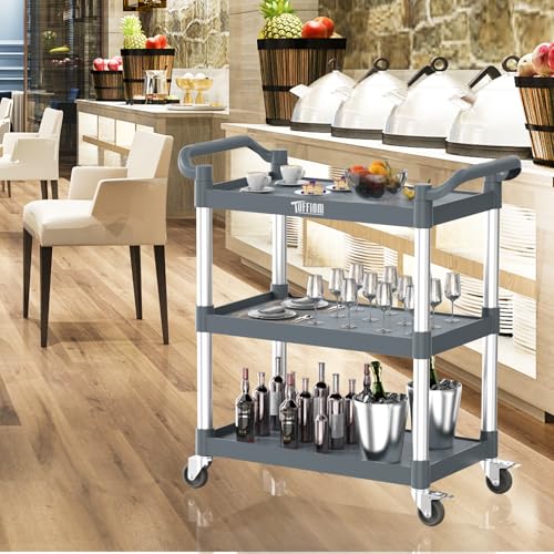 TUFFIOM 3-Tier Plastic Service Utility Cart with Wheels,Heavy Duty 390lbs Capacity,Commercial Rolling for Restaurant, Foodservice, Office, Warehouse, Gray 24.6''L x 15.8''W x 37.4''H - size: Gray 24.6''L x 15.8''W x 37.4''H