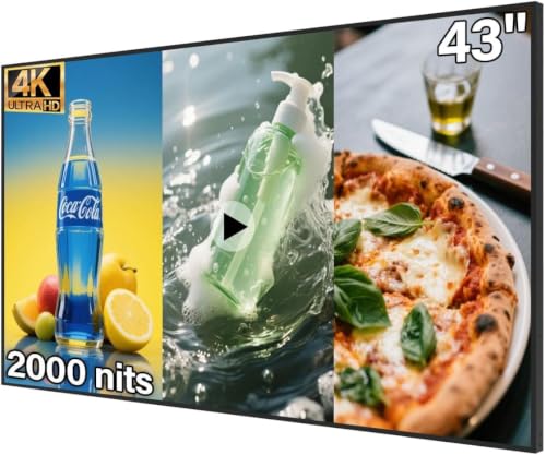 43 inch 4K Digital Signage Display, 2000nits High Brightness, LCD Monitor Slim Fit Frameless Advertising Display, Wall Mount Digital Display, CMS Remote Publishing, 7/24 Timer Switch, Built-in Speaker - size: 43"+2000nits