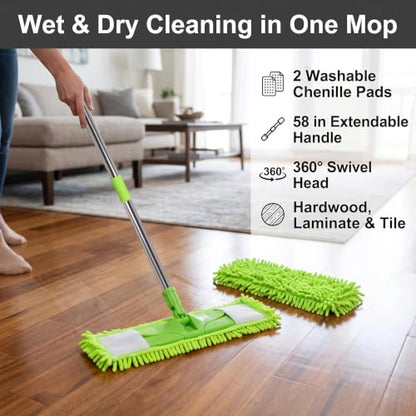 Dust Mop for Hardwood Floors,Wet Dry Flat Mop，2 Pads,Long Handle,Green - color: Green