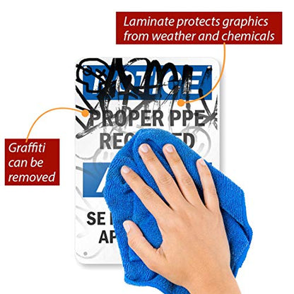 SmartSign-S-7422-AL-10 "Notice - Proper PPE Required" Bilingual Sign | 7" x 10" Aluminum , Black/Blue on White - size: 7" X 10" Aluminum