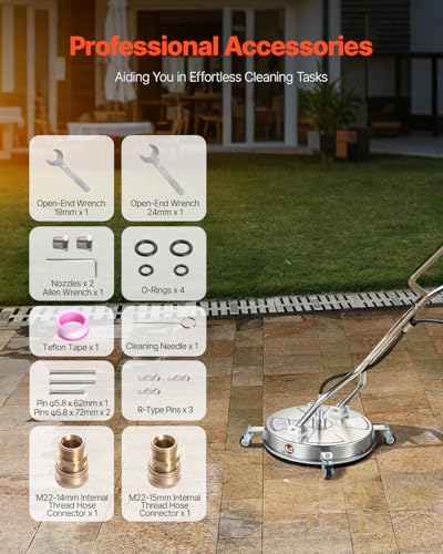 VEVOR 18 Inch Pressure Washer Surface Cleaner, 4000 PSI Stainless Steel Attachment with 4 Wheels, 2 Nozzles, 3/8 Inch Quick Connect and Dual Handle for Concrete, Patio, Sidewalk - size: 18 Inch w/ Handle & Wheels