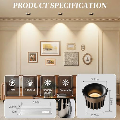 3 Inch LED Recessed Lights, Dimmable, 3CCT, CRI98, Trimless Ceiling Light - color: Black-Gold, size: 3 Inch-6 Pack