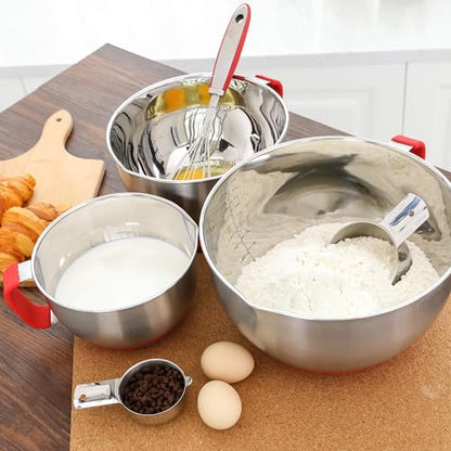Rorence Stainless Steel Mixing Bowls: Metal Mixing Bowl Set with Lids and Handles Non-slip Silicone Bottom Nesting Bowls for Kitchen Set of 3 - Red - color: Red