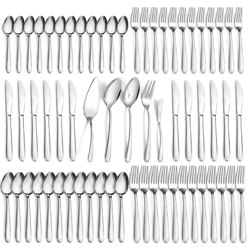 Pleafind 65-Piece Silverware Set with Serving Utensils - Mirror Polished Stainless Steel Flatware Set for 12, Elegant Dining Cutlery Set with Steak Knives, Round Edge Utensils for Home, Wedding Party - size: 65 pieces