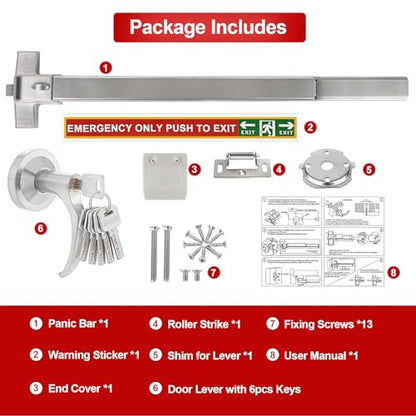 Push Bar Panic Exit Device with Handle, 31 Inch Aluminum Emergency Exit Door Hardware with 6 Keys, Commercial Emergency Door Lock Fits 31"-47" Wood & Metal Doors, Left/Right Compatible - size: 31inch