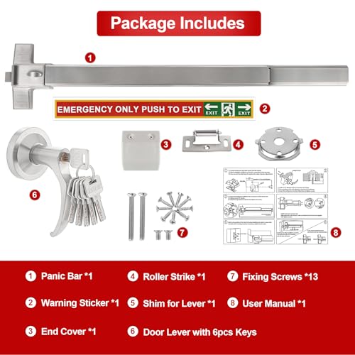 Push Bar Panic Exit Device with Handle, 28inch Emergency Exit Door Hardware with 6 Keys, Aluminum Commercial Push Bar Door Lock Fits 28"-45" Wood & Metal Doors, Left/Right Compatible - size: 28inch