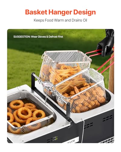 VEVOR Outdoor Propane Deep Fryer, Dual-Tank 16QTx2 Large Capacity Commercial Fryer, Stainless Steel Fish Cooker with 3 Basket, Thermometer, Floor Standing Fryers for Catering Event Camping, 50,000 BTU - size: 32QT (16QTX2)